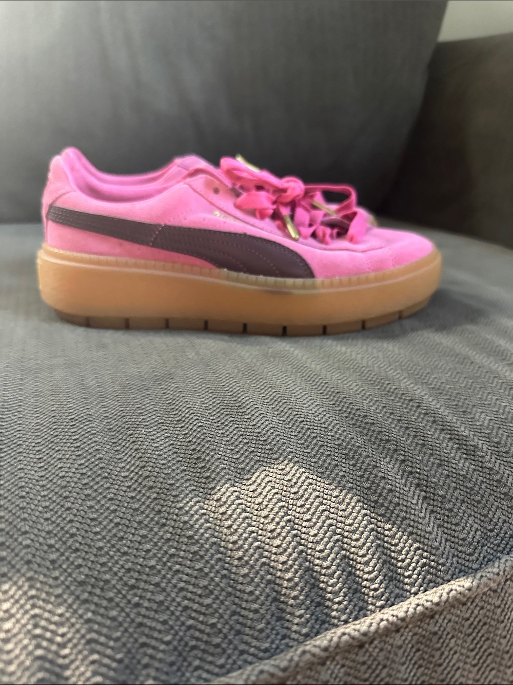 Puma Women Pink Suede Platform Sneakers with Brown Stripe